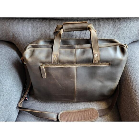 🆕Men Brown Fits 17.3 Inch Laptop Crossbody Shoulder Attached Leather Briefcase - Picture 2 of 12